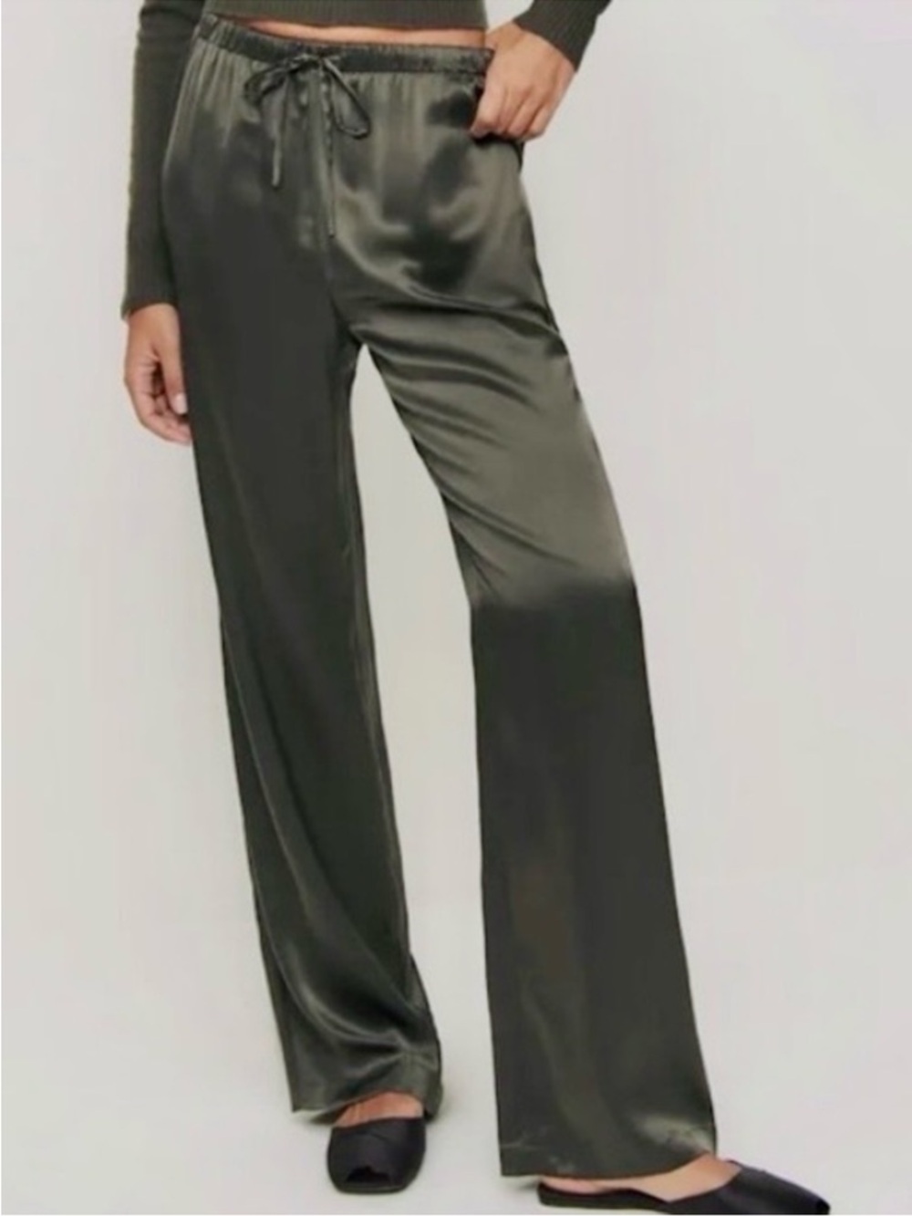 NWT Reformation Olive Satin Wide-Leg Drawstring Pants